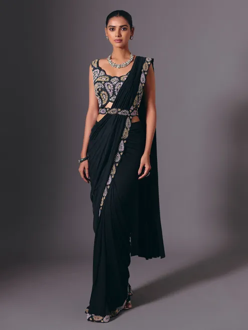 Black cruss lycra saree with sparkling bead embellishments