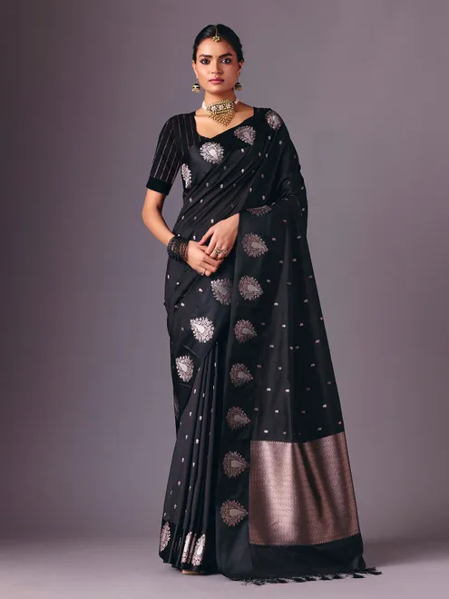Black elegant zari worked saree in semi silk