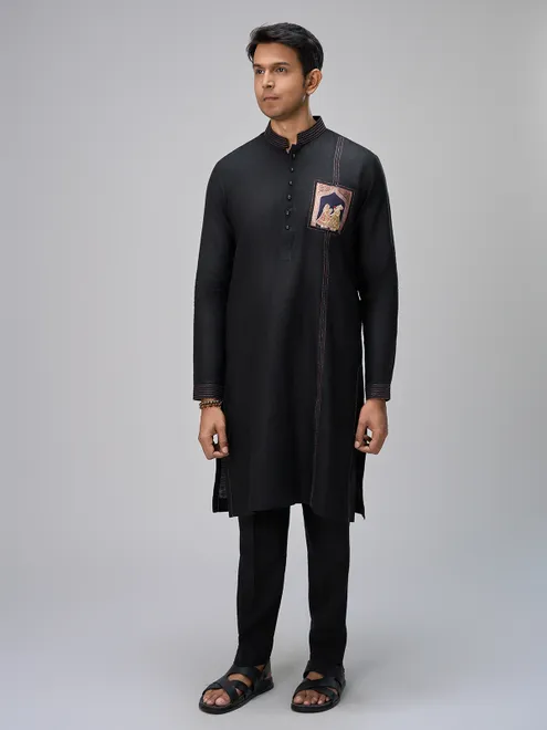 Black embellished linen kurta ensemble