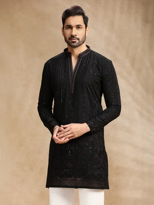 Black embroidered kurta pajama in soft georgette