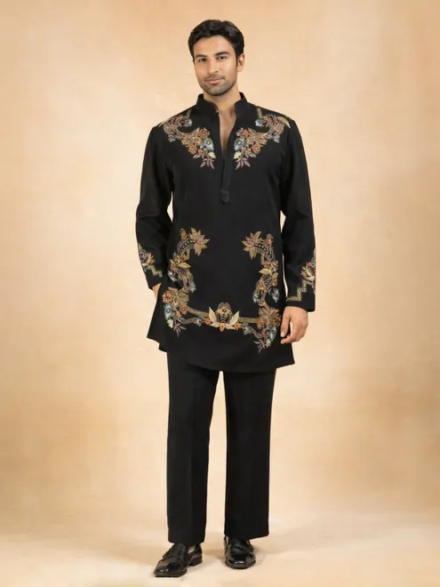 Black embroidered kurta suit in imported korean silk