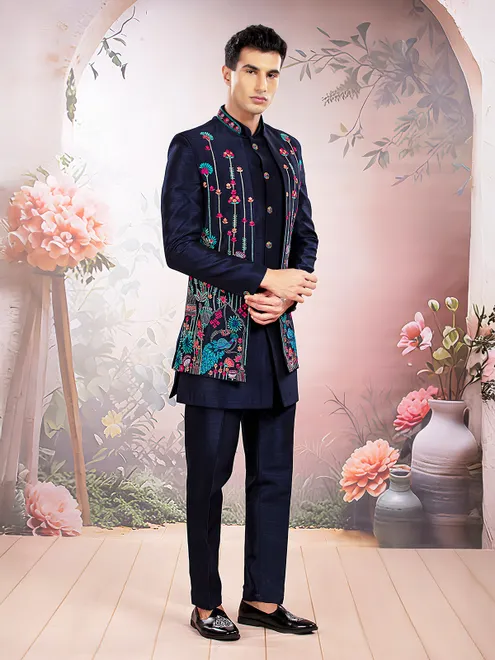 Black embroidered silk indowestern set for men