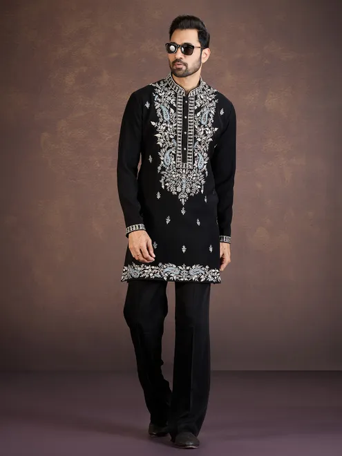 Black embroidered viscose blend kurta suit for reception