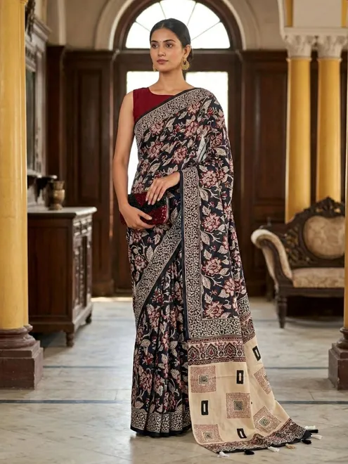 Black ethnic printed muslin saree