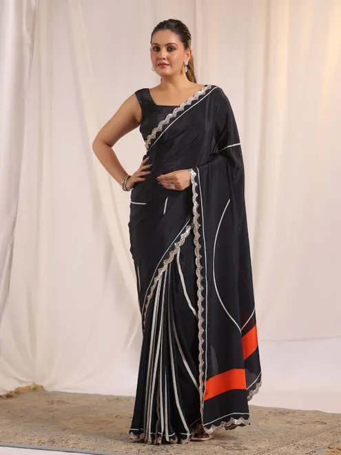 Black festive crepe silk saree with blouse