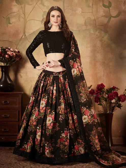 Black floral lehenga choli with sequined blouse