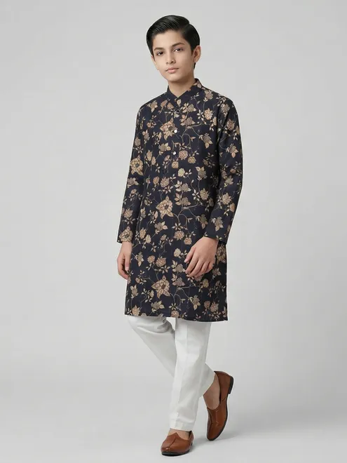 Black floral printed embroidered work kurta suit
