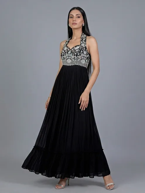 Black georgette anarkali suit with intricate embellishments