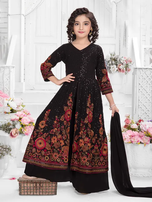 Black georgette embroidered palazzo salwar suit with dupatta