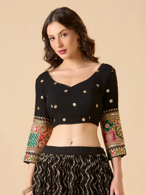 Black georgette full sleeve ready made blouse with sequins