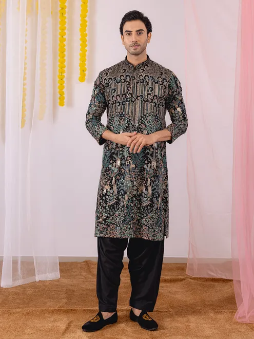 Black georgette kurta suit with salwar for men