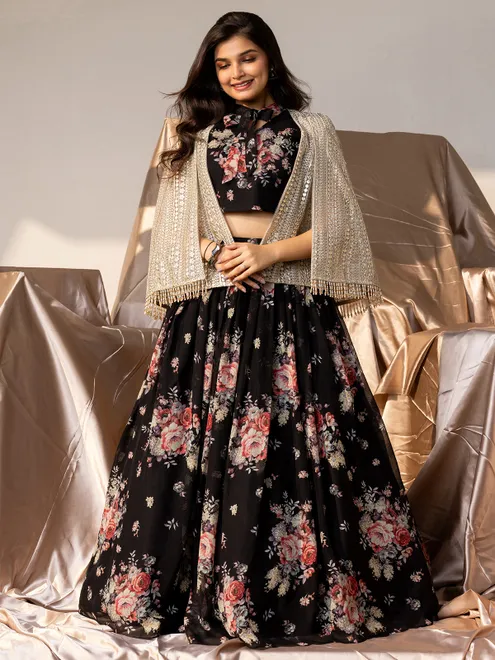 Black georgette lehenga choli with print