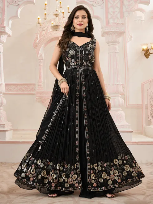 Black georgette palazzo suit with sequins work
