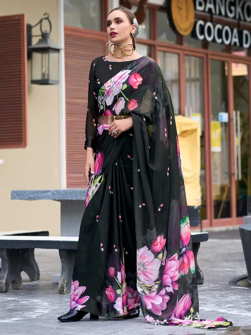Black georgette saree with printed
