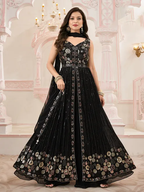 Black georgette sequins work palazzo suit