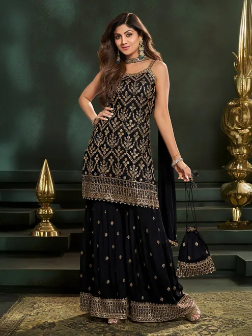 Black georgette sharara kurti set with pearls