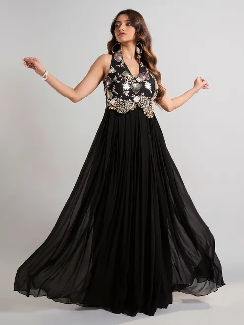 Black georgette silk floor length suit