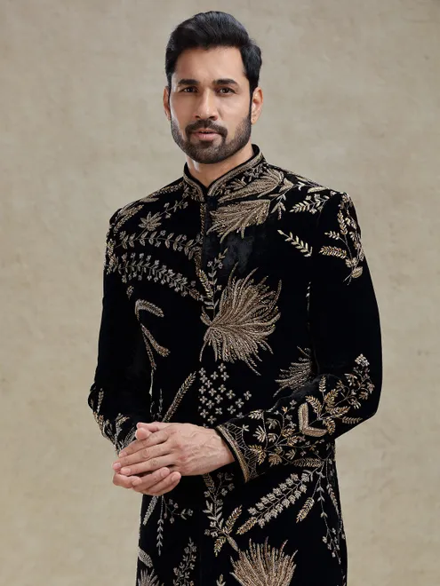 Black golden zardosi worked velvet long sherwani for men
