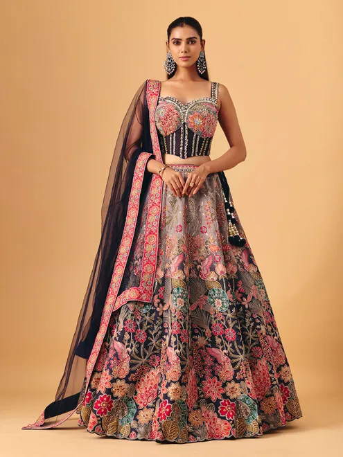Black grey silk lehenga choli with shaded embellishment artistry