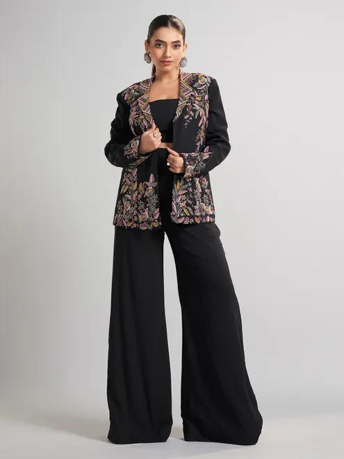 Black jacket style terry rayon palazzo suit