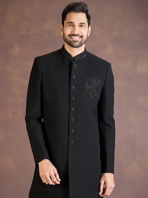 Black jacquard indo western set with beads cutdana work