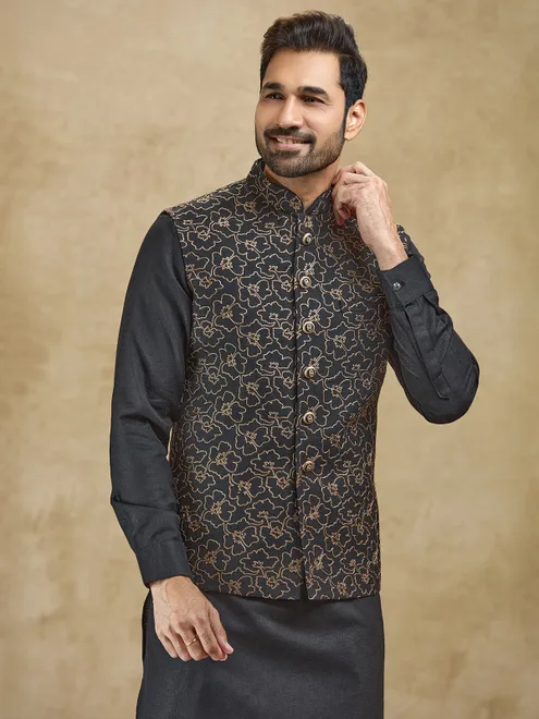 Black jacquard woven silk waistcoat set for men