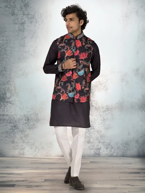Black linen cotton printed waistcoat set with aabla detail