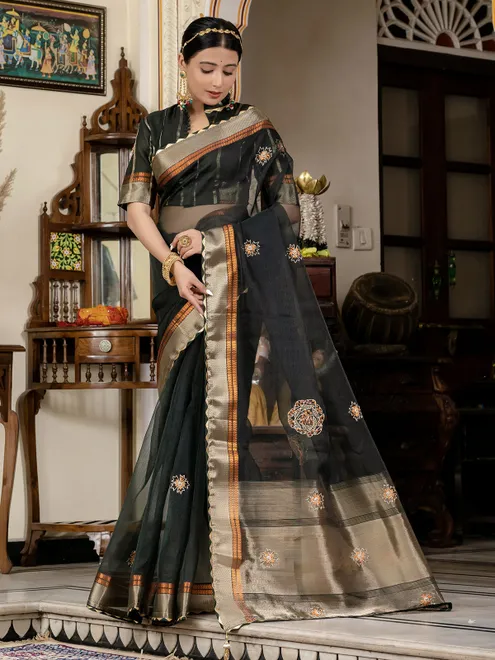 Black linen saree with traditional zari weaving