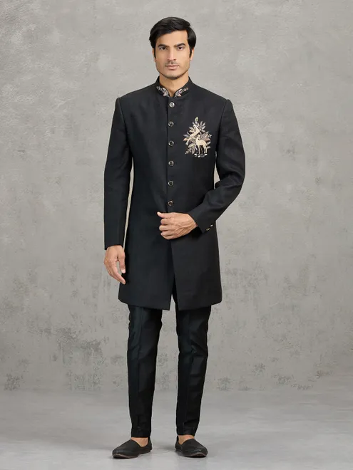 Black linen viscose wedding indowestern set with detailed crest work