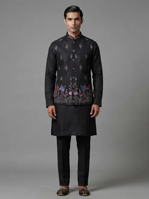 Black linen waistcoat set with floral embroidery