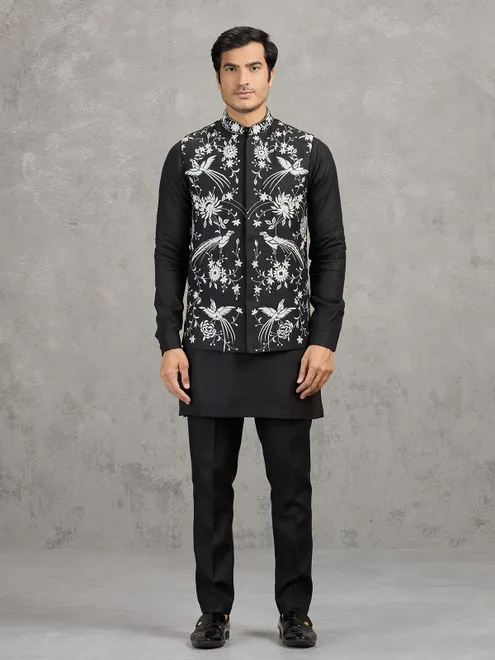 Black linen waistcoat set with intricate resham embroidery
