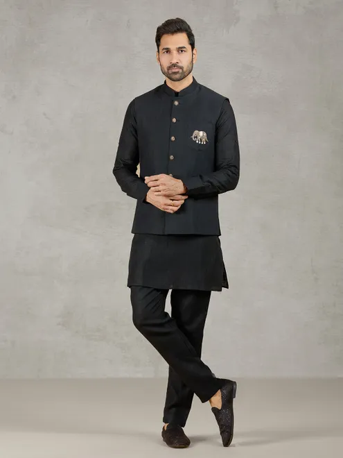 Black linen waistcoat set with zari elephant embroidery
