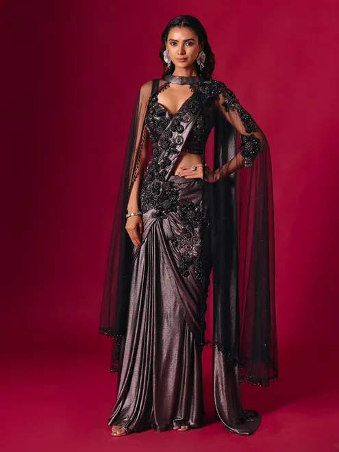 Black lycra designer saree for party wear