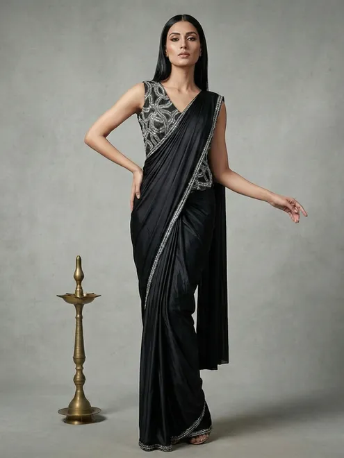 Black lycra ready to wear saree for reception wear