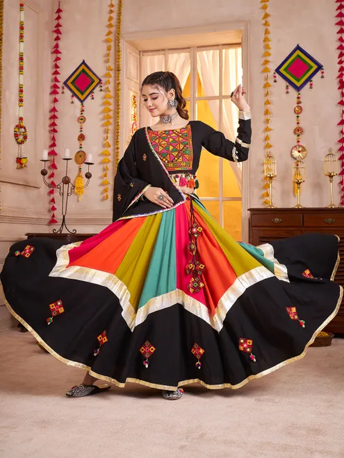 Black navratri chaniya choli with mirror and aabla work