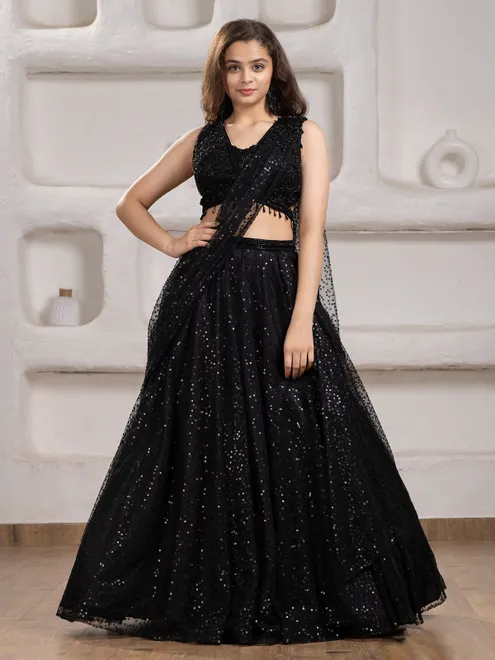 Black net lehenga choli with beads and sequins work