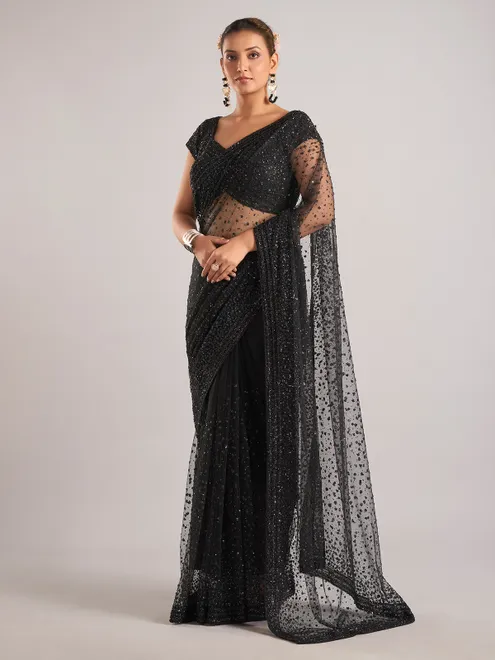 Black net saree with Cutdana Embellishments