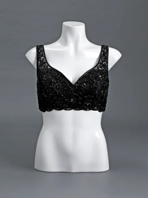 Black net sweetheart sleeveless blouse with beads