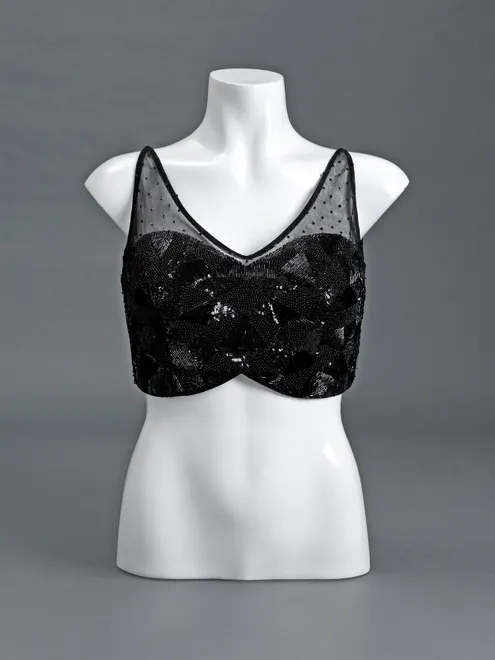 Black net U neck sleeveless blouse with sequins