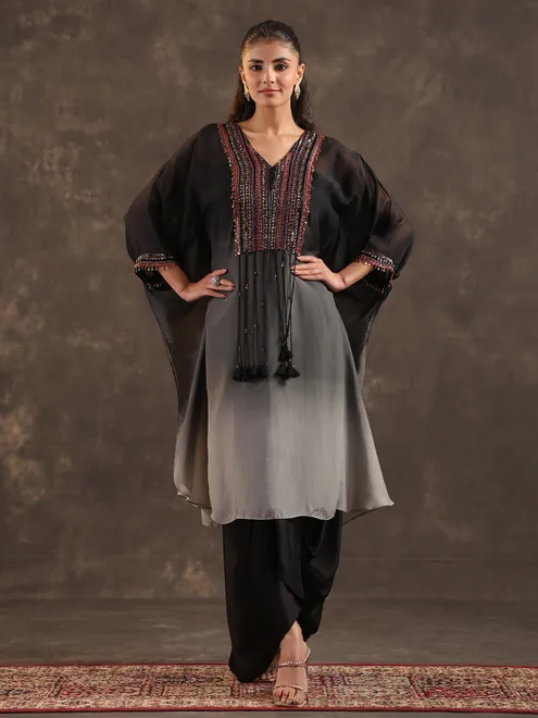 Black organza embellished kaftan suit with elegant V neckline