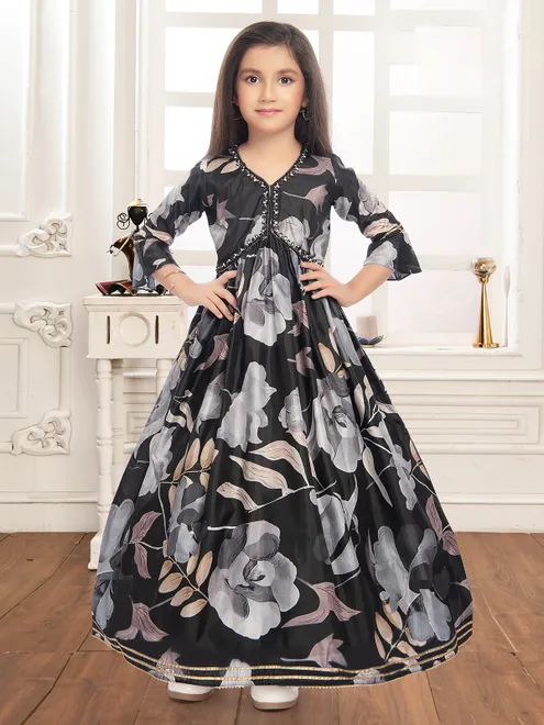 Black organza floral print gown