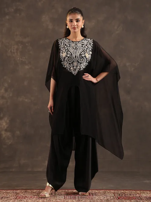 Black organza kaftan style dhoti suit with elegant thread work