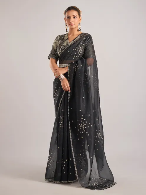 Black organza saree with ready made blouse