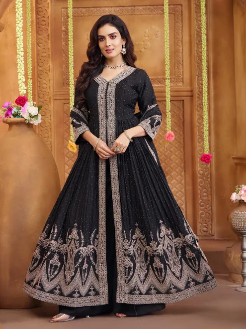 Black pakistani silk palazzo suit with classic festive shimmer