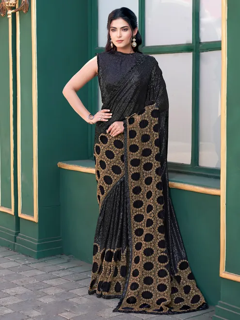 Black party saree in velvet with subtle sparkle