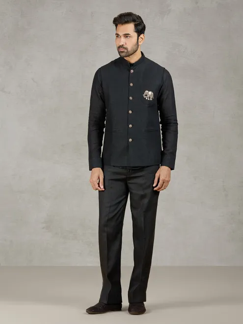 Black party wear linen waistcoat set with embellished crest
