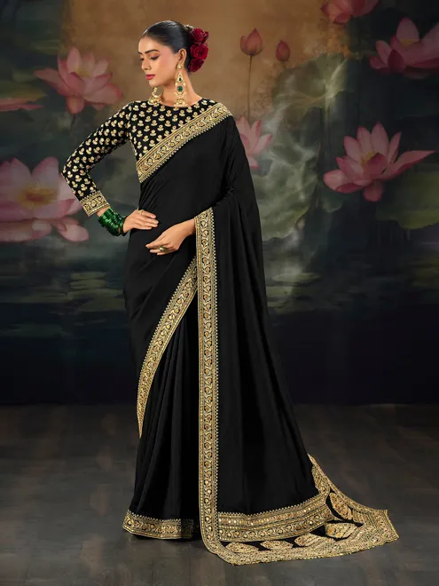 Black party wear munga silk saree