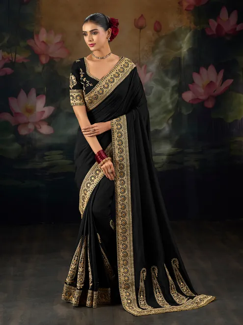 Black party wear saree in pure munga silk