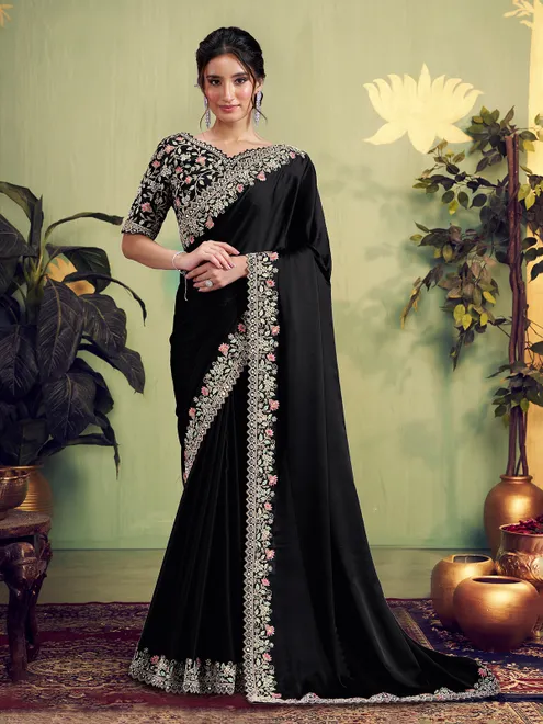 Black party wear satin silk saree