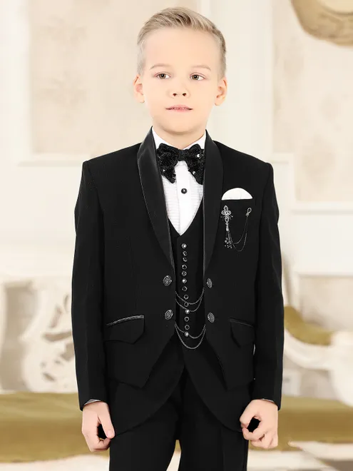 Black partywear terry rayon coat suit in shawl lapel collar